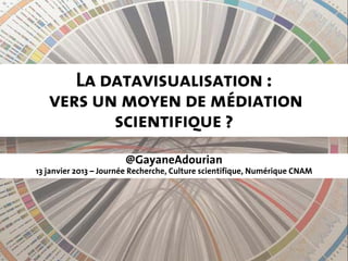 La datavisualisation :
   vers un moyen de médiation
          scientifique ?
                       @GayaneAdourian
13 janvier 2013 – Journée Recherche, Culture scientifique, Numérique CNAM
 