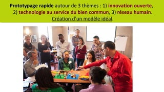 Prototypage rapide autour de 3 thèmes : 1) innovation ouverte, 
2) technologie au service du bien commun, 3) réseau humain. 
Création d’un modèle idéal. 
 
