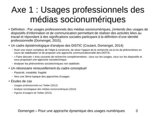 Axe 1 : Usages professionnels des
médias socionumériques
● Définition : Par usages professionnels des médias socionumériqu...