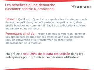 Les bénéfices d’une démarche 
customer centric & omnicanal 
Savoir : Qui il est …Quand et sur quels sites il surfe, sur quels 
écrans, ce qu’il aime, ce qu’il partage, ce qu’il achète, dans 
quelle boutique ou comment il réagit aux sollicitations suivant 
les canaux et les contenus… 
Permettant ainsi de : Mieux l’animer, le valoriser, identifier 
ses appétences et anticiper ses attentes afin d’augmenter le 
taux de conversion et le transformer en client fidèle, 
ambassadeur de la marque. 
Malgré cela seul 20% de la data est utilisée dans les 
entreprises pour optimiser l’expérience utilisateur. 
06/11/14 11 
www.ysance.com 
 
