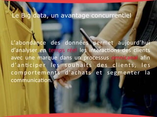 Le Big data, un avantage concurrentiel 
L’abondance+ des+ données+ permet+ aujourd’hui+ 
d’analyser+ en+ temps+ réel+ les+ interac9ons+ des+ clients+ 
avec+ une+marque+ dans+ un+ processus+ omnicanal+ afin+ 
d’an9ciper+ l es+ souhaits+ des+ cl i ents,+ l es+ 
comportements+ d'achats+ et+ segmenter+ la+ 
communica9on.+ 
 