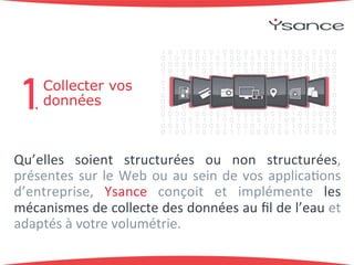 Collecter vos 
données 
Qu’elles+ soient+ structurées+ ou+ non+ structurées,+ 
présentes+ sur+ le+Web+ou+au+ sein+de+ vos+applica9ons+ 
d’entreprise,+ Ysance+ conçoit+ et+ implémente+ les+ 
mécanismes+de+collecte+des+données+au+fil+de+l’eau+et+ 
adaptés+à+votre+volumétrie.++ 
 