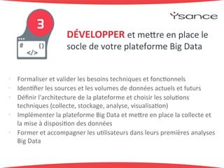 DÉVELOPPER'et+meUre+en+place+le+ 
socle+de+votre+plateforme+Big+Data+ 
• Formaliser+et+valider+les+besoins+techniques+et+fonc9onnels+ 
• Iden9fier+les+sources+et+les+volumes+de+données+actuels+et+futurs+ 
• Définir+l'architecture+de+la+plateforme+et+choisir+les+solu9ons+ 
techniques+(collecte,+stockage,+analyse,+visualisa9on)+ 
• Implémenter+la+plateforme+Big+Data+et+meUre+en+place+la+collecte+et+ 
la+mise+à+disposi9on+des+données+ 
• Former+et+accompagner+les+u9lisateurs+dans+leurs+premières+analyses+ 
Big+Data+ 
 