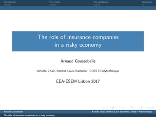 Introduction The model The equilibrium Conclusion
The role of insurance companies
in a risky economy
Arnaud Gousseba¨ıle
Actinfo Chair, Institut Louis Bachelier, CREST-Polytechnique
EEA-ESEM Lisbon 2017
Arnaud Gousseba¨ıle Actinfo Chair, Institut Louis Bachelier, CREST-Polytechnique
The role of insurance companies in a risky economy
 
