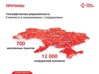 Географическая разрозненность
Сложности в коммуникации с сотрудниками
ПРИЧИНЫ
12 000
сотрудников компании
700
населенных пунктов
 