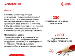 МОНИТОРИНГ
Опросы:
Контроль качества адаптации
сотрудников – ежедневный выборочный
опрос новых сотрудников операторами
контакт-центра компании (чек-лист по
организации рабочего места и обучению.
В случае выявления нарушений требований
компании - административные меры в
отношении руководителей подразделений)
Исследование уровня
удовлетворенности условиями труда –
Анкетирование и телефонные опросы
сотрудников региональных подразделений.
Составление планов и реализация
мероприятий по улучшению условий труда.
350
телефонных интервью
ежемесячно
в 600
подразделениях
улучшены условия труда
 