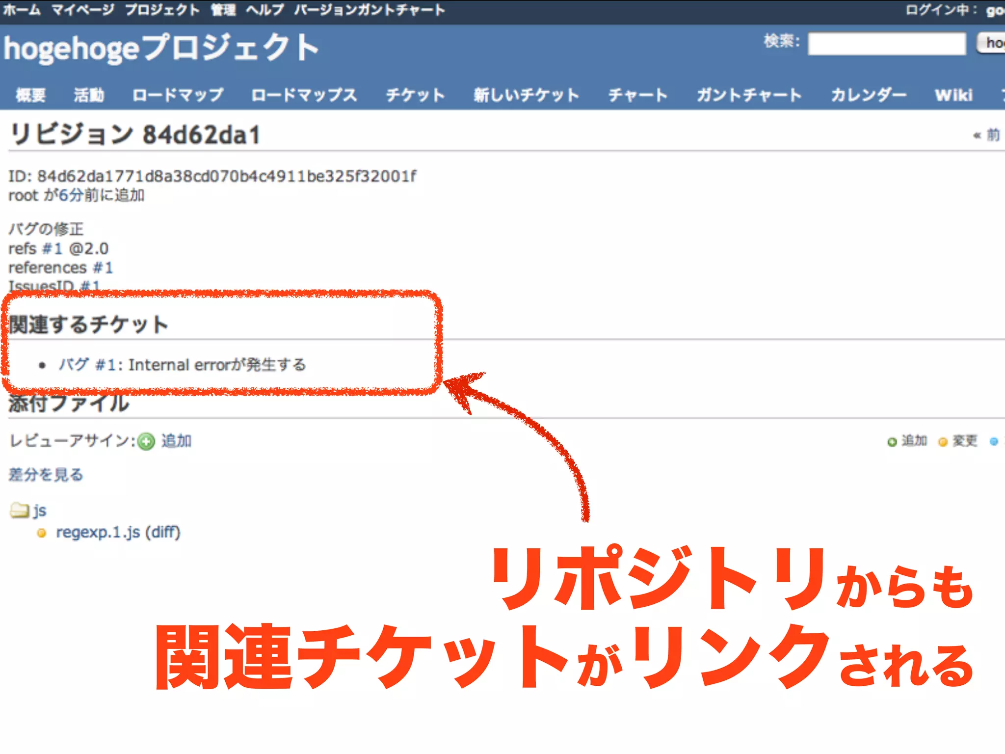 リポジトリからも
関連チケットがリンクされる
 
