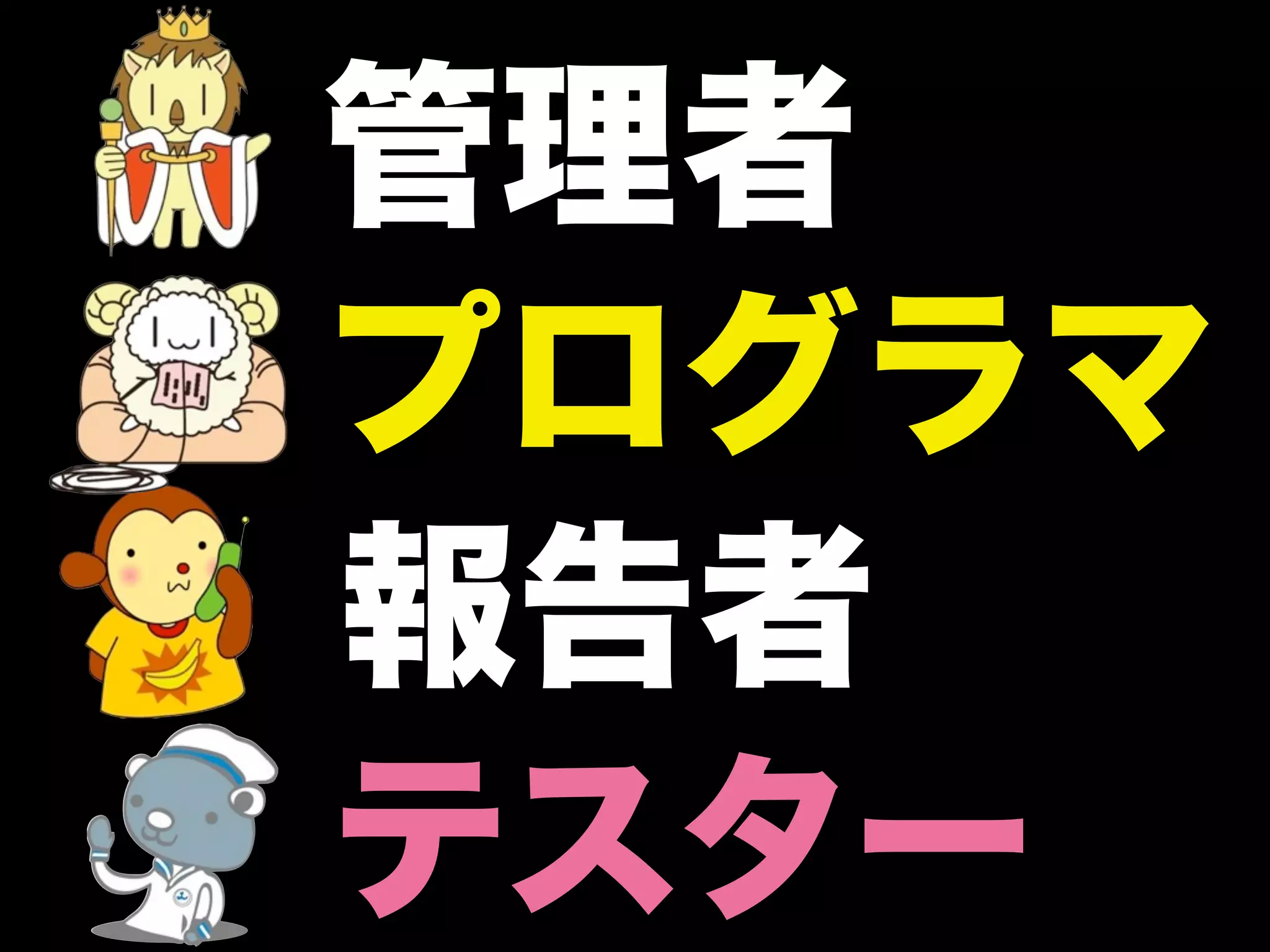 管理者
プログラマ
報告者
テスター
 