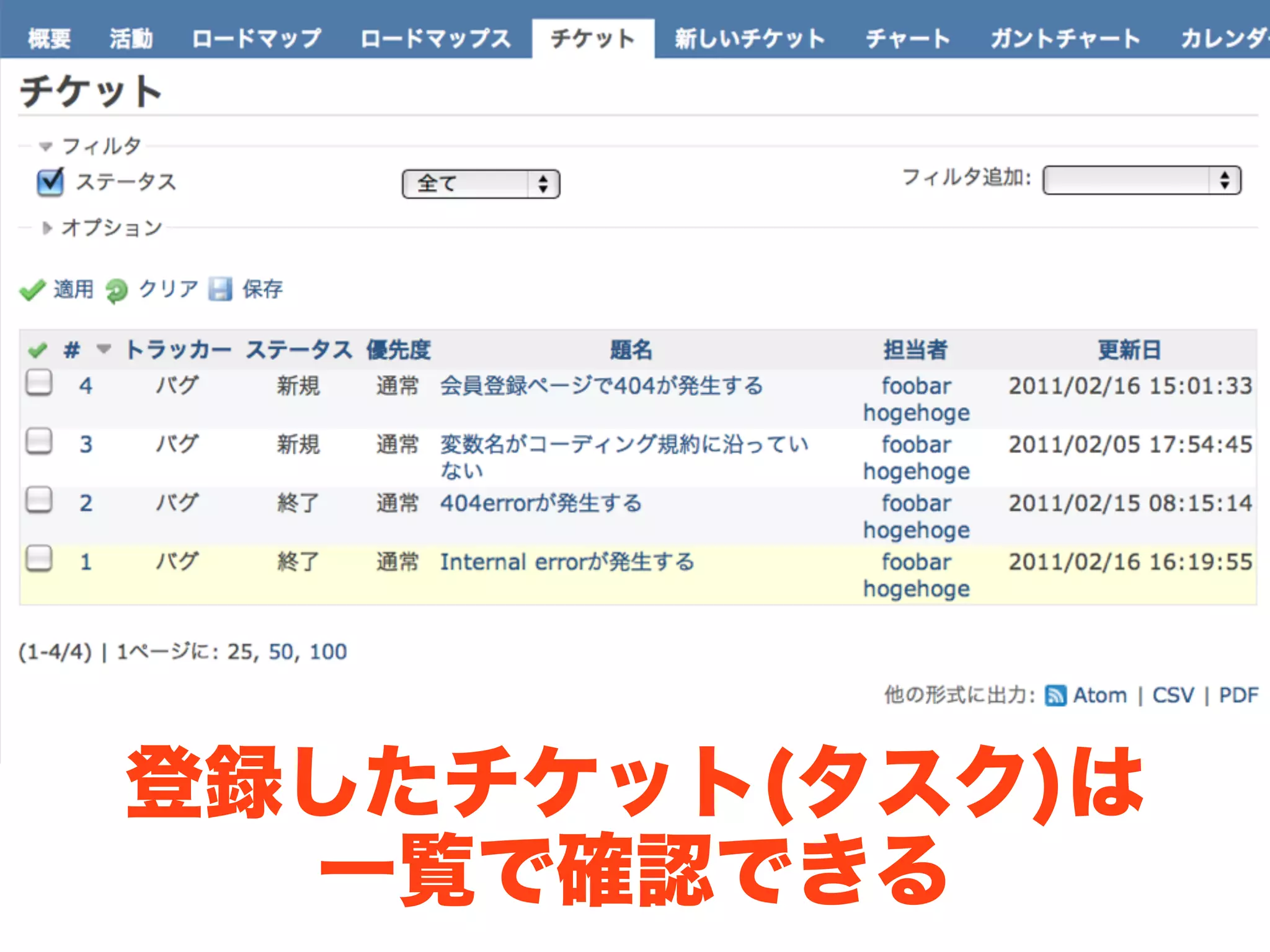 登録したチケット(タスク)は
  一覧で確認できる
 