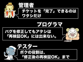 管理者
    チケットを「完了」できるのは
    ワタシだけ

         プログラマ
バグを修正してもアタシは
「再検証OK」には出来ない。

   テスター
   ボクの役割は、
   「修正後の再検証OK」まで
 