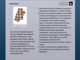 метод маніпуляції шляхом залучення підставних виборців та членів комісії; до дня голосування задіяні члени ДВК шляхом попереднього опитування по квартирам дізнаються, хто з виборців не прийде, визначають «мертві душі», можливе також внесення до списків цілих неіснуючих вулиць, номерів квартир та ін. Після цього на виборчу дільницю приходять громадяни, котрі реєструються з допомогою підставних членів ДВК та голосують. Член ДВК має на собі попередньо визначений опізнавальний знак (хустинку, значок тощо).  схема не може бути використана у разі правильно складеного реєстру виборців. Цю схему використовували під час виборів Президента України в 2004 році. Тоді кандидат від влади переміг у другому турі кандидата від опозиції, набравши за даними ЦВК 49,42%. Хоч за результатами національного екзит-полу він набрав максимум 43%. « Хустинка » 