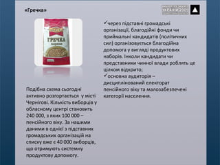 « Гречка » через підставні громадські організації, благодійні фонди чи приймальні кандидатів (політичних сил) організовується благодійна допомога у вигляді продуктових наборів. Інколи кандидати чи представники чинної влади роблять це цілком відкрито; основна аудиторія – дисциплінований електорат пенсійного віку та малозабезпечені категорії населення. Подібна схема сьогодні активно розгортається  у місті Чернігові. Кількість виборців у обласному центрі становить 240 000, з яких 100 000 – пенсійного віку. За нашими даними в однієї з підставних громадських організацій на списку вже є 40 000 виборців, що отримують системну продуктову допомогу.  