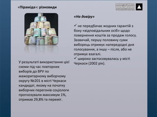 «На довіру»  не передбачає жодних гарантій з боку «відповідальних осіб» щодо повернення коштів за продаж голосу. Зазвичай, першу половину суми виборець отримує напередодні дня голосування, а іншу – після, або не отримує взагалі. широко застосовувалась у місті Черкаси (2002 рік). У результаті використання цієї схеми під час повторних виборів до ВРУ по мажоритарному виборчому округу №201 в місті Черкаси кандидат, якому на початку виборчих перегонів соціологи прогнозували максимум 1%, отримав 29,8% та переміг. « Піраміда » : різновиди 