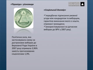 «Соціальний договір»  передбачає підписання умовної угоди між кандидатом та виборцем, гарантією виконання якого є кошти, отримані громадяни; використовувалася на дочасних виборах до ВРУ у 2007 році. Політична сила, яка застосовувала схему на дострокових виборах до Верховної Ради України в 2007 році отримала 3,96% замість прогнозованих соціологами 1,9%. « Піраміда » : різновиди 