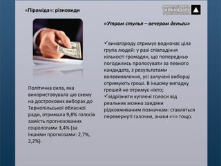 «Утром стулья – вечером деньги» винагороду отримує водночас ціла група людей: у разі співпадіння кількості громадян, що попередньо погодились пролосувати за певного кандидата, з результатами волевиявлення, усі залучені виборці отримують гроші. В іншому випадку грошей не отримує ніхто; відрізнити куплені голоси від реальних можна завдяки рідковживаним позначкам: ставляться перевернуті галочки, знаки «=» тощо. Політична сила, яка використовувала цю схему на дострокових виборах до Тернопільської обласної ради, отримала 9,8% голосів замість прогнозованих соціологами 3,4% (за іншими прогнозами: 2,7%, 2,2%). « Піраміда » : різновиди 