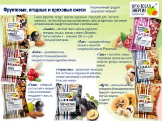 Смеси фруктов, ягод и орехов идеально подходят для легкого
перекуса, так как быстро восстанавливают силы и заряжают организм
незаменимыми микроэлементами и витаминами.
«Чернослив» - десертный чернослив
без косточки в порционной упаковке,
полностью готовый к употреблению.
Классика жанра.
«Смайл» - веселая смесь орехов и фруктов:
миндаль, кешью, ананас и изюм «Джамбо».
Выпускается и в упаковке 200 гр – для
большой компании. «Лав» - насыщенный вкус
кешью и нежность
натуральной вишни. Романтика…
«Блюз» - джазовая смесь
отборного бланшированного
миндаля и озорных цукатов клюквы.
«Голд» - отборный
золотистый и черный
изюм в сочетании с
миндалем – вкус на
вес золота.
«Дуэт» - насыщенный вкус
отборного бланшированного
фундука гармонирует с
мягким вкусом
сладкой
папайи.
«Трио» – коктейль самых
популярных орехов высшего
качества: фундук, миндаль и
кешью.
Фруктовые, ягодные и ореховые смеси
Незаменимый продукт
здорового питания!
 