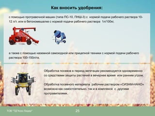 Как вносить удобрения:
с помощью протравочной машин (типа ПС-10, ПНШ-3) с нормой подачи рабочего раствора 1012 л/т. или в бетономешалке с нормой подачи рабочего раствора 1л/100кг,

а также с помощью наземной самоходной или прицепной техники с нормой подачи рабочего
раствора 100-150л/га.

Обработка посевов в период вегетации рекомендуется одновременно
со средствами защиты растений в вечернее время или ранним утром.
Обработка посевного материала рабочим раствором «СИЗАМ-НАНО»
возможна как самостоятельно, так и в комплексе с другими
протравителями.

ТОВ "ТД"Агро Лидер"

25

 