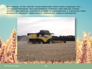 Делая выводы из этой короткой лекции-презентации можно сказать следующее, что в
сегодняшнем земледелии явно прослеживается появление нового фактора, который
дополнит нам известные, значительно усиливая их взаимодействие, а в целом даст новые
возможности повышения эффективности современного товарного производства.

ТОВ "ТД"Агро Лидер"

34

 
