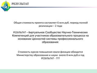 РЕЗУЛЬТАТ

 Общая стоимость проекта составляет 6 млн.руб. период полной 
реализации – 2 года
РЕЗУЛЬТАТ – Виртуальное Сообщество Научно-Tехнических
Компетенций для участников образовательного процесса на
основании Ценностей системы профессионального
образования:
Стоимость курсов повышения квали фикации обходится 
Министерству образования и науки  около 8 млн.руб.в год
РЕЗУЛЬТАТ - ???

 