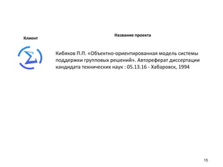 Клиент

Название проекта

Кибяков П.П. «Объектно-ориентированная модель системы 
поддержки групповых решений». Автореферат диссертации 
кандидата технических наук : 05.13.16 - Хабаровск, 1994

15

 
