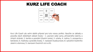 Kurz Life Coach vás velmi dobře připraví pro tuto novou profesi. Naučíte se základy a
pravidla všech důležitých oblastí života – 1. poznání sebe sama, přirozeného talentu a
silných stránek; 2. kariéra a povolání (životní cesta); 3. vztahy; 4. rodina; 5. prosperita a
bohatství; 6. hodnoty a pravidla života; 7. nastavení budoucnosti; 8. vytvoření kvalitního
zázemí a domova; 9. stanovení životních vizí a cílů.
KURZ LIFE COACH
 