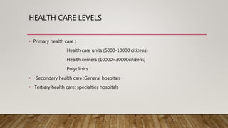 HEALTH CARE LEVELS
• Primary health care ;
Health care units (5000-10000 citizens)
Health centers (10000=30000citizens)
Polyclinics
• Secondary health care :General hospitals
• Tertiary health care: specialties hospitals
 
