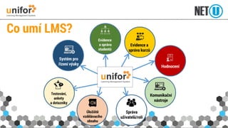 Co umí LMS? 
Testování, ankety a dotazníky 
Hodnocení 
Evidencea správa studentů 
Správa uživatelů/rolí 
Evidence a správa kurzů 
Systém pro řízení výuky 
Úložiště vzdělávacího 
obsahu 
Komunikační nástroje  