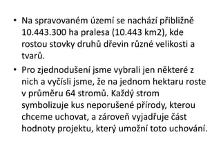 • Na spravovaném území se nachází přibližně
10.443.300 ha pralesa (10.443 km2), kde
rostou stovky druhů dřevin různé velikosti a
tvarů.
• Pro zjednodušení jsme vybrali jen některé z
nich a vyčísli jsme, že na jednom hektaru roste
v průměru 64 stromů. Každý strom
symbolizuje kus neporušené přírody, kterou
chceme uchovat, a zároveň vyjadřuje část
hodnoty projektu, který umožní toto uchování.
 