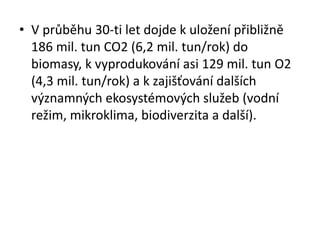 • V průběhu 30-ti let dojde k uložení přibližně
186 mil. tun CO2 (6,2 mil. tun/rok) do
biomasy, k vyprodukování asi 129 mil. tun O2
(4,3 mil. tun/rok) a k zajišťování dalších
významných ekosystémových služeb (vodní
režim, mikroklima, biodiverzita a další).
 