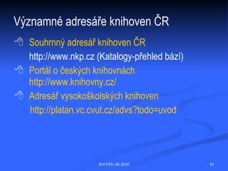 Citační pravidla a e-zdroje – elektronický
seriál
  Název seriálu [ Druh média]. Místo vydání : vydavatel, datum vydání [datum
  citace]. Přístup ke zdroji. Standardní číslo.

  Moderní pedagogika [CD-ROM]. Praha : Leda, 1999- . ISSN 1045-1064.

  Ikaros : elektronický časopis o informační společnosti [online]. 1997- . [cit.2003-23-
  05]. Dostupné z www: <http://www.ikaros.cz>. ISSN 1212-5075.




                                  SVI FSV UK 2010                                    61
 