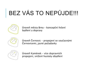 BEZ VÁS TO NEPŮJDE!!!
Úroveň města Brna – koncepční řešení
bydlení a dopravy
Úroveň Černovic – propojení se současnými
Černovicemi, jasné požadavky
Úroveň Kamének – více dopravních
propojení, snížení hustoty obydlení
 