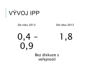 VÝVOJ IPP
Do roku 2013
0,4 –
0,9
Od roku 2013
1,8
Bez diskuze s
veřejností
 