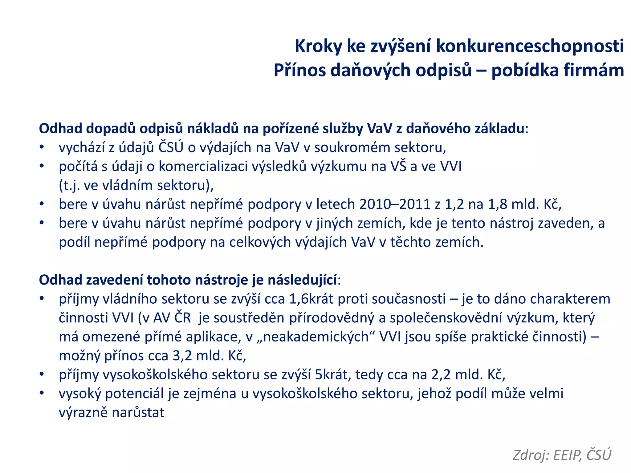 Kroky ke zvýšení konkurenceschopnosti Přínos daňových odpisů – pobídka firmám 
Zdroj: EEIP, ČSÚ 
Odhad dopadů odpisů nákladů na pořízené služby VaV z daňového základu: 
•vychází z údajů ČSÚ o výdajích na VaV v soukromém sektoru, 
•počítá s údaji o komercializaci výsledků výzkumu na VŠ a ve VVI (t.j. ve vládním sektoru), 
•bere v úvahu nárůst nepřímé podpory v letech 2010–2011 z 1,2 na 1,8 mld. Kč, 
•bere v úvahu nárůst nepřímé podpory v jiných zemích, kde je tento nástroj zaveden, a podíl nepřímé podpory na celkových výdajích VaV v těchto zemích. Odhad zavedení tohoto nástroje je následující: 
•příjmy vládního sektoru se zvýší cca 1,6krát proti současnosti – je to dáno charakterem činnosti VVI (v AV ČR je soustředěn přírodovědný a společenskovědní výzkum, který má omezené přímé aplikace, v „neakademických“ VVI jsou spíše praktické činnosti) – možný přínos cca 3,2 mld. Kč, 
•příjmy vysokoškolského sektoru se zvýší 5krát, tedy cca na 2,2 mld. Kč, 
•vysoký potenciál je zejména u vysokoškolského sektoru, jehož podíl může velmi výrazně narůstat  