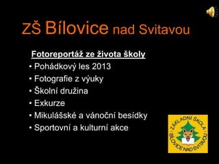 ZŠ Bílovice nad Svitavou
Fotoreportáž ze života školy
• Pohádkový les 2013
• Fotografie z výuky
• Školní družina
• Exkurze
• Mikulášské a vánoční besídky
• Sportovní a kulturní akce
 