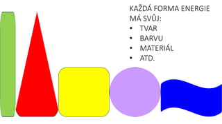KAŽDÁ FORMA ENERGIE
MÁ SVŮJ:
• TVAR
• BARVU
• MATERIÁL
• ATD.
 