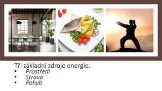 Tři základní zdroje energie:
• Prostředí
• Strava
• Pohyb
 