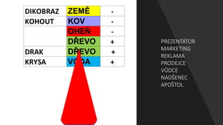 PREZENTÁTOR
MARKETING
REKLAMA
PRODEJCE
VŮDCE
NADŠENEC
APOŠTOL
 