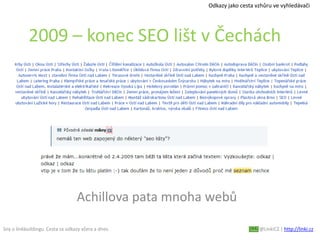 Sny o linkbuildingu. Cesta za odkazy včera a dnes. @LinkiCZ | http://linki.cz
2009 – konec SEO lišt v Čechách
Achillova pata mnoha webů
Odkazy jako cesta vzhůru ve vyhledávači
 