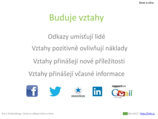 Sny o linkbuildingu. Cesta za odkazy včera a dnes. @LinkiCZ | http://linki.cz
Buduje vztahy
Vztahy pozitivně ovlivňují náklady
Vztahy přinášejí nové příležitosti
Vztahy přinášejí včasné informace
Odkazy umísťují lidé
Dnes a zítra
 