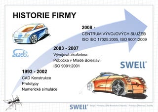 HISTORIE FIRMY
2008 CENTRUM VÝVOJOVÝCH SLUŽEB
ISO IEC 17025:2005, ISO 9001:2009

2003 - 2007
Vývojová zkušebna
Pobočka v Mladé Boleslavi
ISO 9001:2001

1993 - 2002
CAD Konstrukce
Prototypy
Numerické simulace

 