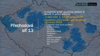 ➢V nejbližší době spustíme dalších 9
lokalit (v půlce března).
➢ 5.982.949 tj. 57,3% obyvatel ČR
➢Dostavění přechodové sítě do konce
července 2018.
➢ V nejbližší době bude spuštěno :
➢ Hradec Králové
➢ Olomouc
➢ Mariánské Lázně
➢ Pardubice
➢ Teplice
➢ Uherské Hradiště
➢ Ústí nad Labem
➢ Ústí nad Orlicí
➢ Zlín
Přechodová
síť 13
 