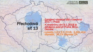 Přechodová
síť 13
➢Zahájení výstavby sítě v červenci
2017 v Praze
➢K dnešnímu dni 9.1.2018 je
zahájeno pokrytí Praha, Brno,
Ostrava
➢Lokality 1-6 k 9.1.2018, 3.461.414
obyvatel, 33,1% obyvatel ČR
 