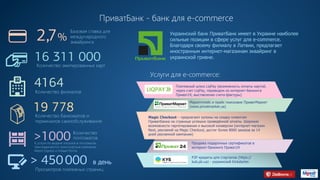 ПриватБанк - банк для e-commerce
Украинский банк ПриватБанк имеет в Украине наиболее
сильные позиции в сфере услуг для e-commerce.
Благодаря своему филиалу в Латвии, предлагает
иностранным интернет-магазинам эквайринг в
украинской гривне.
Базовая ставка для
международного
эквайринга
Количество филиалов
Количество банкоматов и
терминалов самообслуживания
Просмотров платежных страниц
К услуге по выдаче посылок в почтоматах
присоединяются транспортные компании:
Meest Express и Новая Почта.
Количество
почтоматов
Количество эмитированных карт
2,7%
16 311 000
4164
19 778
>1000
> 450000 в день
Услуги для e-commerce:
Платежный шлюз LiqPay (возможность оплаты картой,
через счет LiqPay, переводом из интернет-банкинга
Приват24, выставление счета-фактуры)
Маркетплейс и прайс поисковик ПриватМаркет
(www.privatmarket.ua)
Продажа подарочных сертификатов в
интернет-банкинге Приват24
P2P кредиты для стартапов (https://
kub.pb.ua) - украинский Kickstarter.
Magic Checkout – предлагают купоны на скидку клиентам
ПриватБанка на странице успешно проведённой оплаты. Широкие
возможности таргетирования и высокой конверсии (интернет-магазин
Next, рекламой на Magic Checkout, достиг более 8000 заказов за 14
дней рекламной кампании)
HTTPS://WWW.LIQPAY.COM
HTTPS://PRIVATMARKET.UA
HTTPS://KUB.PB.UA
HTTPS://WWW.PRIVAT24.UA
 