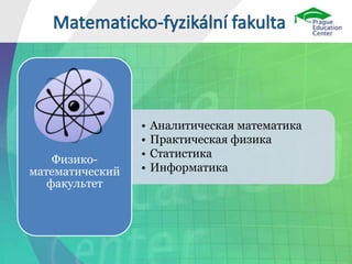 • Аналитическая математика
• Практическая физика
• Статистика
• Информатика
Физико-
математический
факультет
 