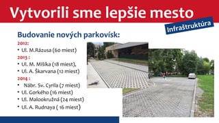Vytvorili sme lepšie mesto 
Budovanie nových parkovísk: 
2012: 
• Ul. M.Rázusa (60 miest) 
2013 : 
• Ul. M. Mišíka (18 miest), 
• Ul. A. Škarvana (12 miest) 
2014 : 
• Nábr. Sv. Cyrila (7 miest) 
• Ul. Gorkého (16 miest) 
• Ul. Malookružná (24 miest) 
• Ul. A. Rudnaya ( 16 miest) 
Infraštruktúra 
 