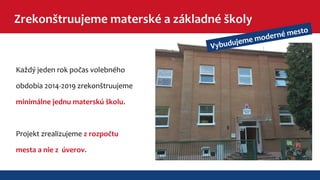 Zrekonštruujeme materské a základné školy 
Vybudujeme moderné mesto 
Každý jeden rok počas volebného 
obdobia 2014-2019 zrekonštruujeme 
minimálne jednu materskú školu. 
Projekt zrealizujeme z rozpočtu 
mesta a nie z úverov. 
 