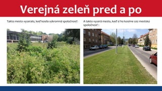 Verejná zeleň pred a po 
Takto mesto vyzeralo, keď kosila súkromná spoločnosť: A takto vyzerá mesto, keď si ho kosíme cez mestskú 
spoločnosť : 
 