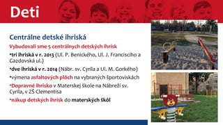 Deti 
Centrálne detské ihriská 
Vybudovali sme 5 centrálnych detských ihrísk 
•tri ihriská v r. 2013 (Ul. P. Benického, Ul. J. Francisciho a 
Gazdovská ul.) 
•dve ihriská v r. 2014 (Nábr. sv. Cyrila a Ul. M. Gorkého) 
•výmena asfaltových plôch na vybraných športoviskách 
•Dopravné ihrisko v Materskej škole na Nábreží sv. 
Cyrila, v ZŠ Clementisa 
•nákup detských ihrísk do materských škôl 
 