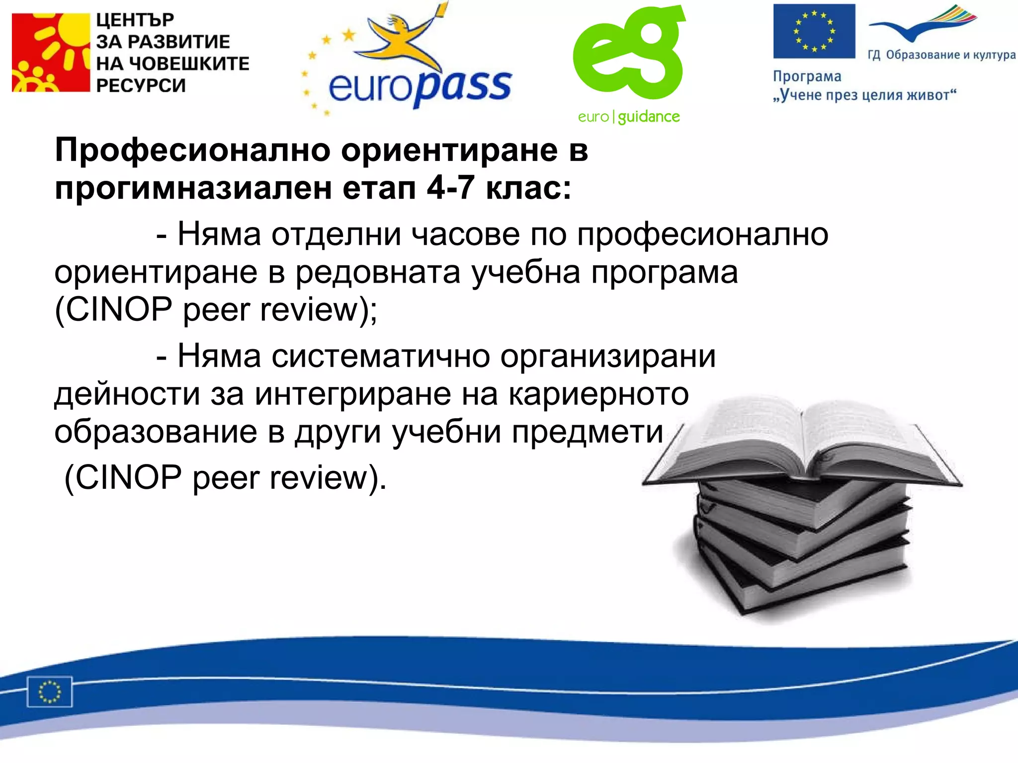Професионално ориентиране в прогимназиален етап 4-7 клас:  - Няма отделни часове по професионално ориентиране в редовната учебна програма ( CINOP peer review); - Няма систематично организирани дейности за интегриране на кариерното образование в други учебни предмети ( CINOP peer review). 