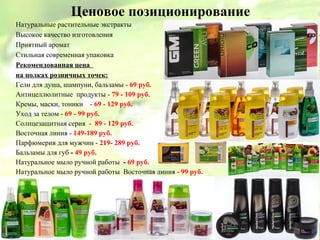 Ценовое позиционирование
Натуральные растительные экстракты
Высокое качество изготовления
Приятный аромат
Стильная современная упаковка
Рекомендованная цена
на полках розничных точек:
Гели для душа, шампуни, бальзамы - 69 руб.
Антицеллюлитные продукты - 79 - 109 руб.
Кремы, маски, тоники - 69 - 129 руб.
Уход за телом - 69 - 99 руб.
Солнцезащитная серия - 89 - 129 руб.
Восточная линия - 149-189 руб.
Парфюмерия для мужчин - 219- 289 руб.
Бальзамы для губ - 49 руб.
Натуральное мыло ручной работы - 69 руб.
Натуральное мыло ручной работы Восточная линия - 99 руб.
 